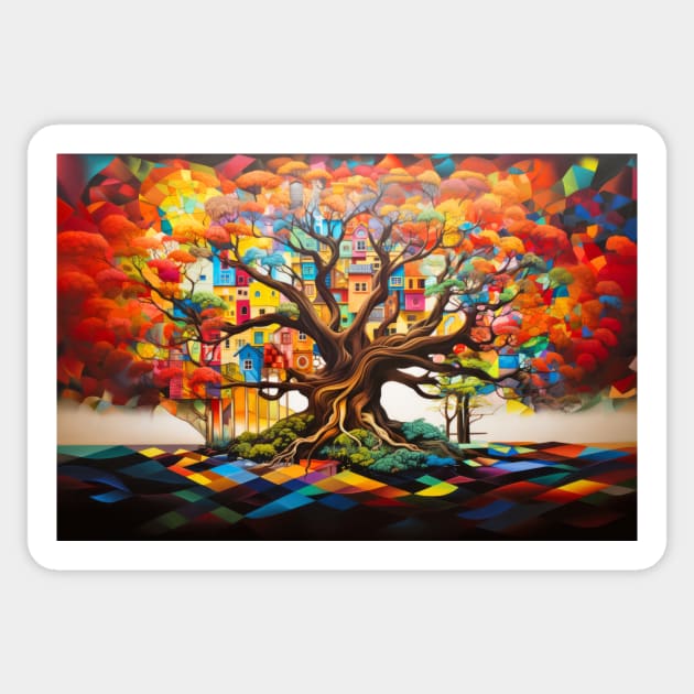 Tree Civilization Concept Abstract Colorful Scenery Painting Sticker by Cubebox